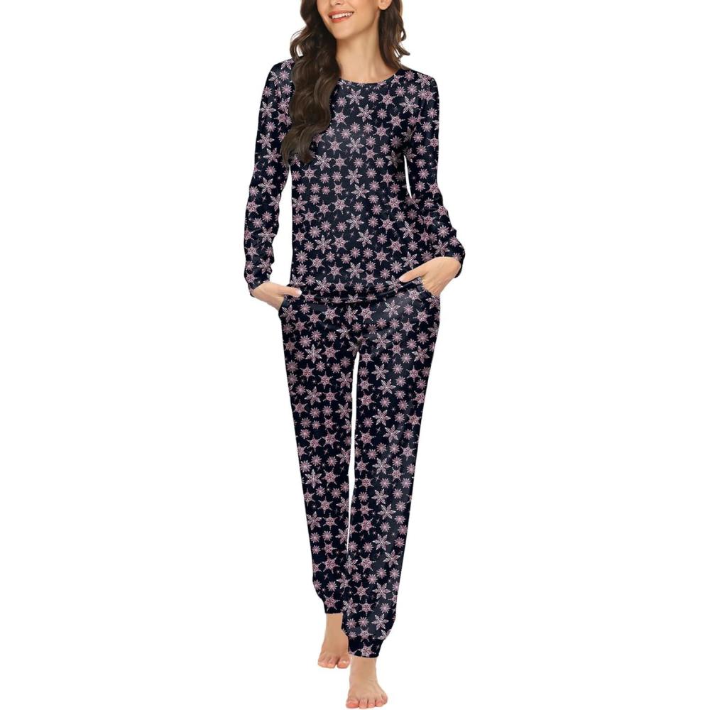 imageEkouaer Womens Jogger Pajama Sets Long Sleeve Sleepwear Round Neck Nightwear Soft Pjs Lounge Sets with PocketsBlack Snowflake