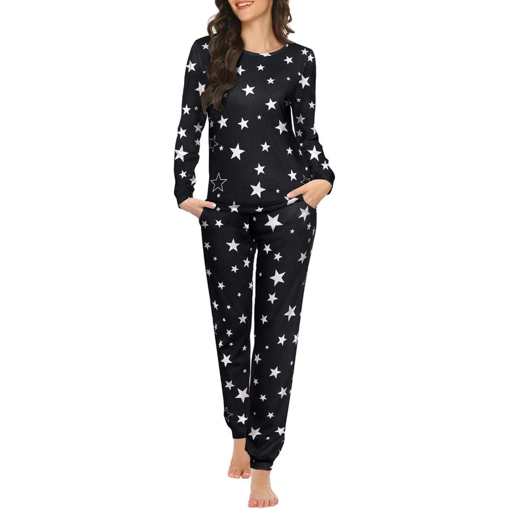 imageEkouaer Womens Jogger Pajama Sets Long Sleeve Sleepwear Round Neck Nightwear Soft Pjs Lounge Sets with PocketsBlack Star