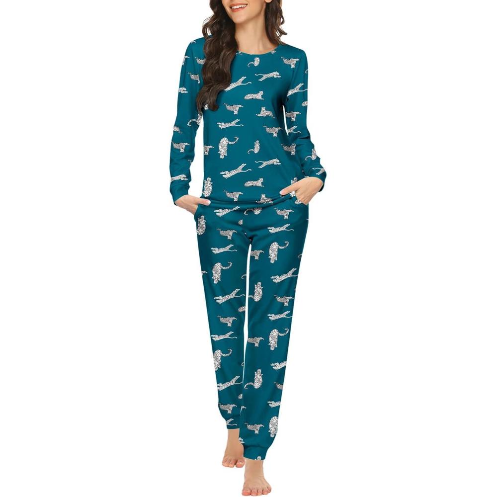 imageEkouaer Womens Jogger Pajama Sets Long Sleeve Sleepwear Round Neck Nightwear Soft Pjs Lounge Sets with PocketsBlue Green Leopard