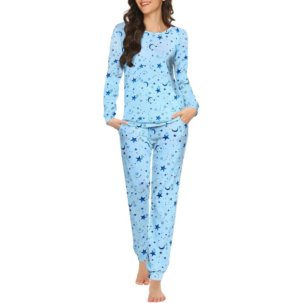 imageEkouaer Womens Jogger Pajama Sets Long Sleeve Sleepwear Round Neck Nightwear Soft Pjs Lounge Sets with PocketsBlue Star