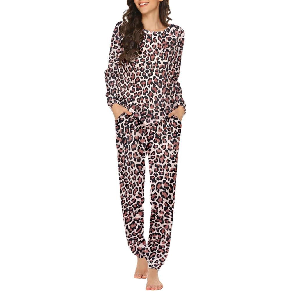 imageEkouaer Womens Jogger Pajama Sets Long Sleeve Sleepwear Round Neck Nightwear Soft Pjs Lounge Sets with PocketsBrown Leopard
