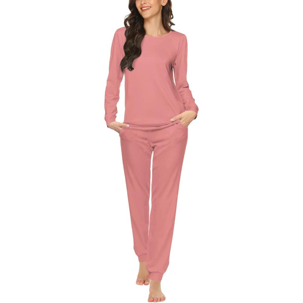 imageEkouaer Womens Jogger Pajama Sets Long Sleeve Sleepwear Round Neck Nightwear Soft Pjs Lounge Sets with PocketsDark Pink