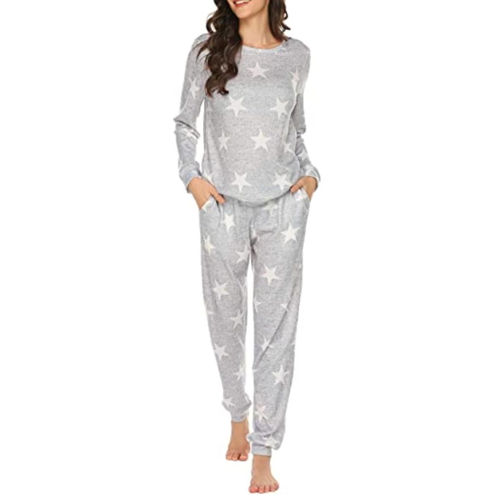 imageEkouaer Womens Jogger Pajama Sets Long Sleeve Sleepwear Round Neck Nightwear Soft Pjs Lounge Sets with PocketsGrey Star Print