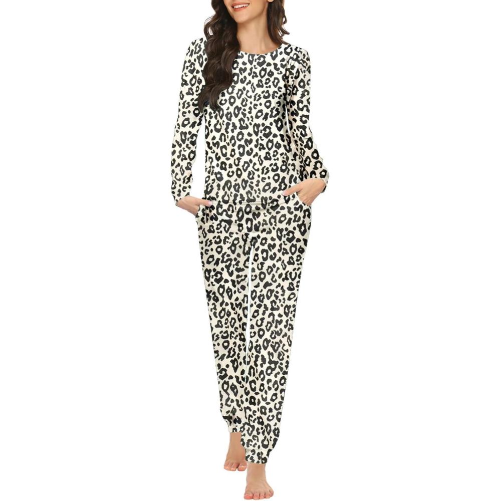 imageEkouaer Womens Jogger Pajama Sets Long Sleeve Sleepwear Round Neck Nightwear Soft Pjs Lounge Sets with PocketsLeopard