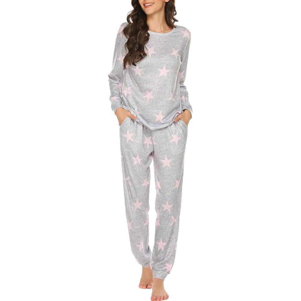 imageEkouaer Womens Jogger Pajama Sets Long Sleeve Sleepwear Round Neck Nightwear Soft Pjs Lounge Sets with PocketsLight Grey Pink Star