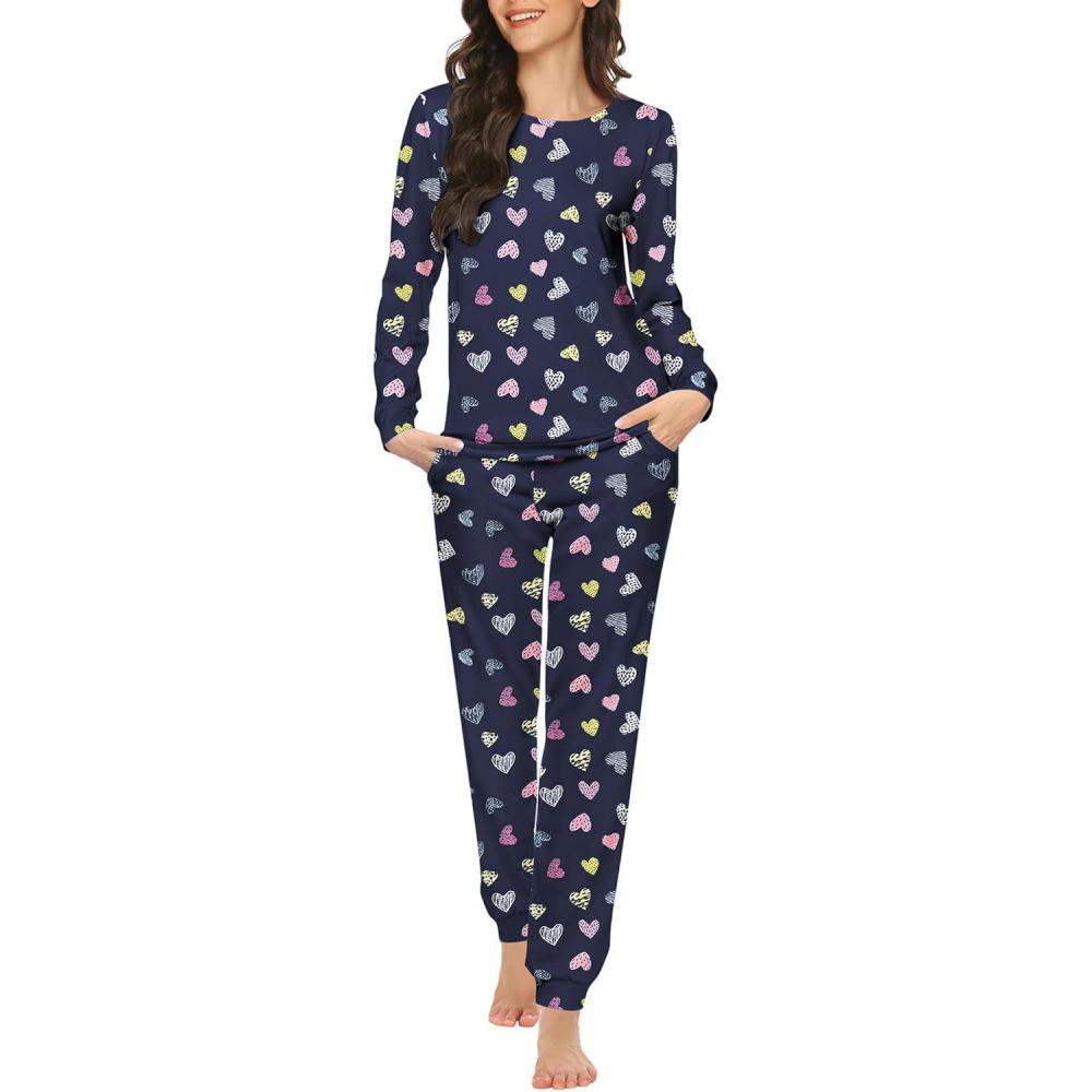 imageEkouaer Womens Jogger Pajama Sets Long Sleeve Sleepwear Round Neck Nightwear Soft Pjs Lounge Sets with PocketsNavy Heart
