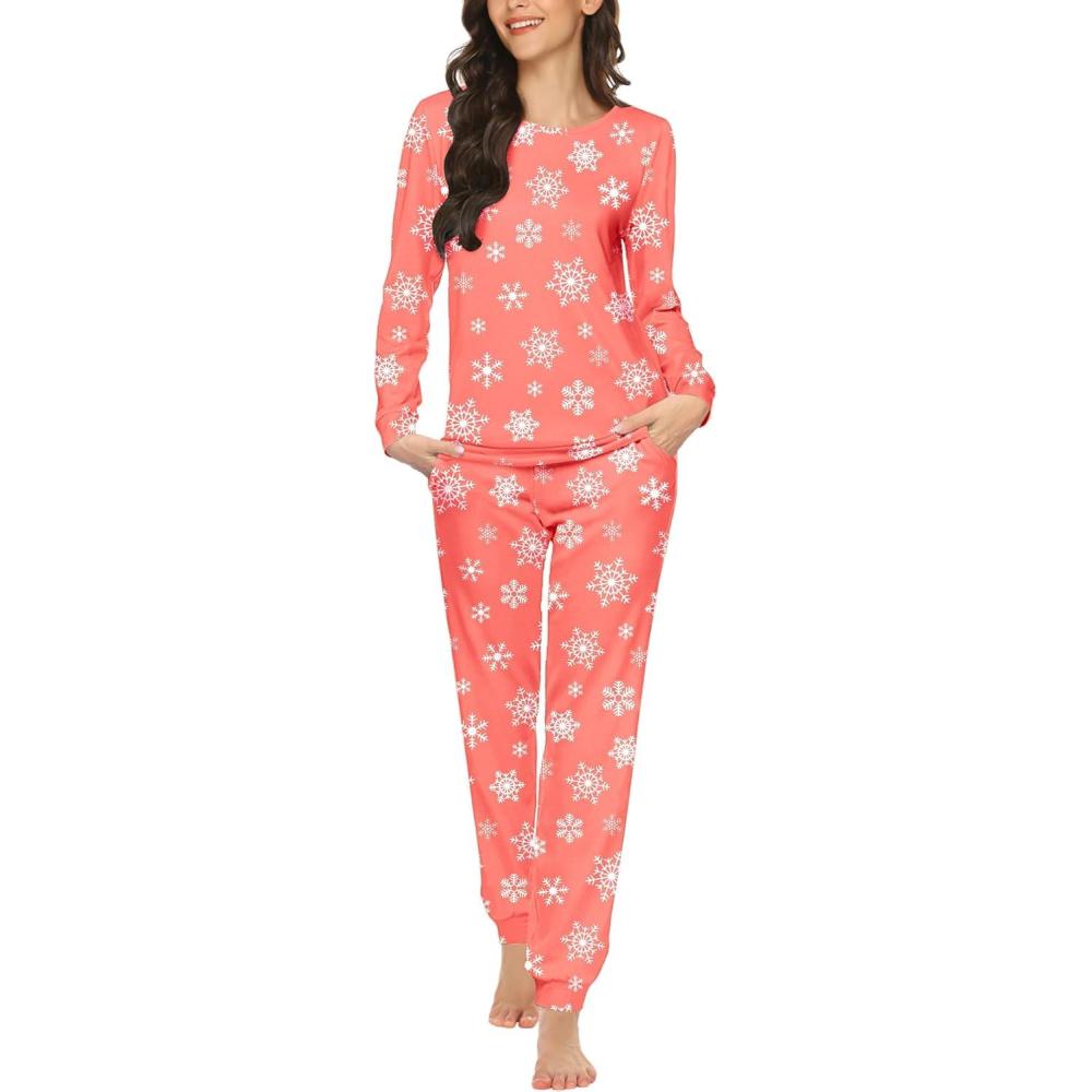 imageEkouaer Womens Jogger Pajama Sets Long Sleeve Sleepwear Round Neck Nightwear Soft Pjs Lounge Sets with PocketsPink Snowflake
