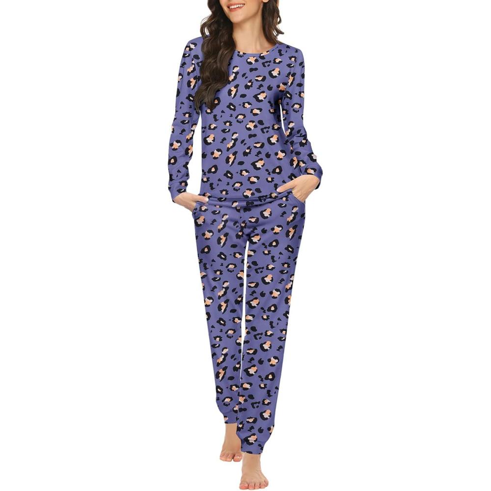 imageEkouaer Womens Jogger Pajama Sets Long Sleeve Sleepwear Round Neck Nightwear Soft Pjs Lounge Sets with PocketsPurple Leopard