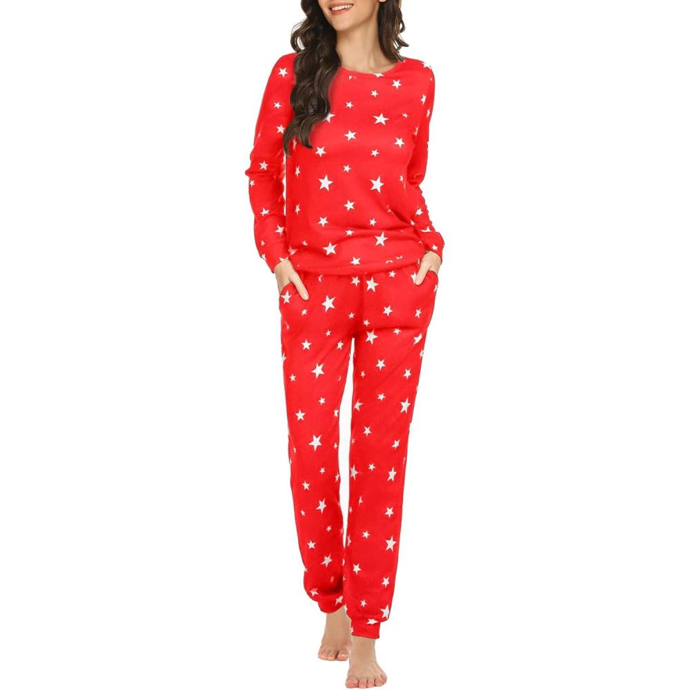imageEkouaer Womens Jogger Pajama Sets Long Sleeve Sleepwear Round Neck Nightwear Soft Pjs Lounge Sets with PocketsRed White Star