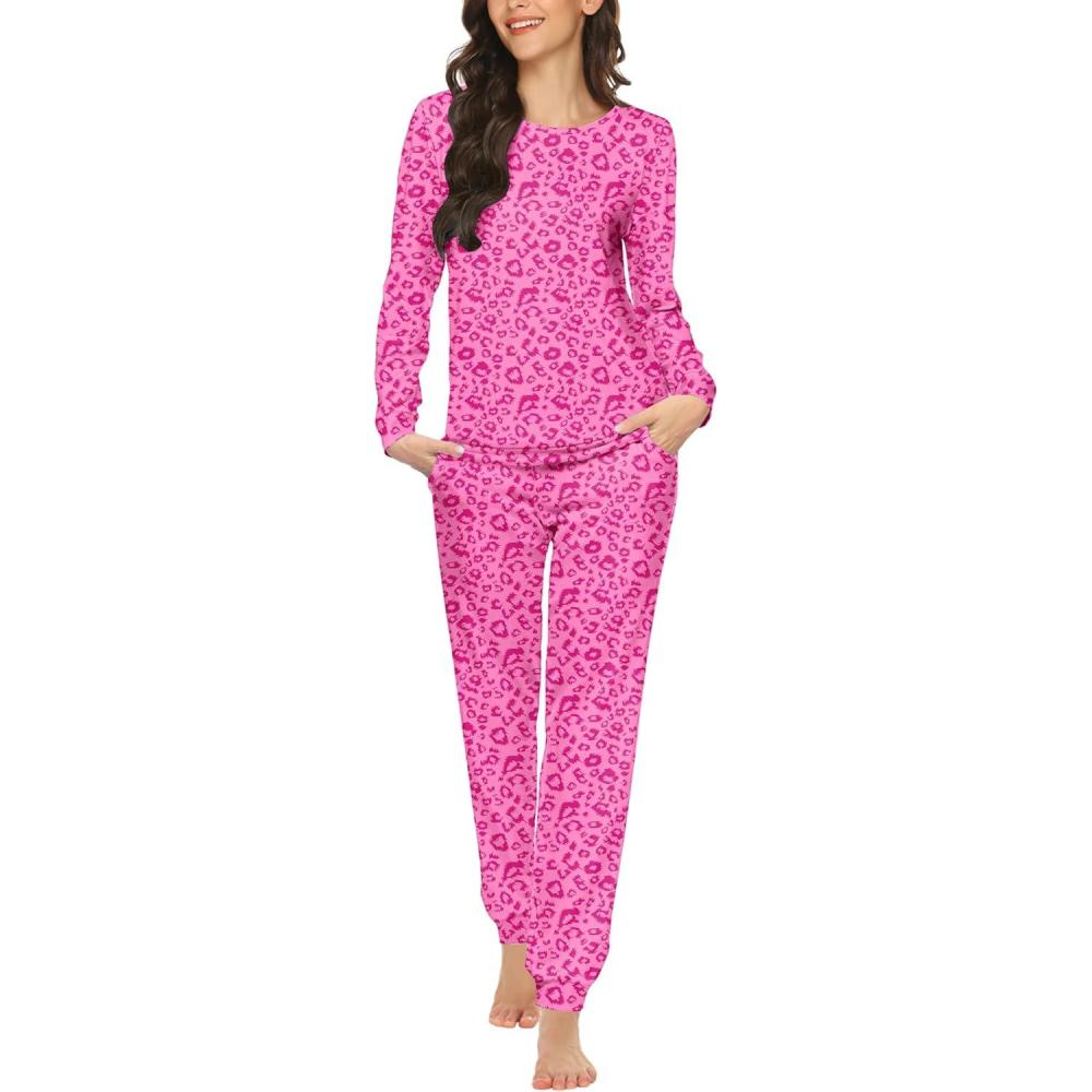 imageEkouaer Womens Jogger Pajama Sets Long Sleeve Sleepwear Round Neck Nightwear Soft Pjs Lounge Sets with PocketsRose Red Leopard Print