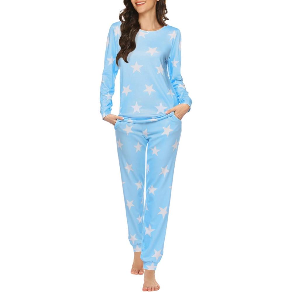 imageEkouaer Womens Jogger Pajama Sets Long Sleeve Sleepwear Round Neck Nightwear Soft Pjs Lounge Sets with PocketsSky Blue White Star