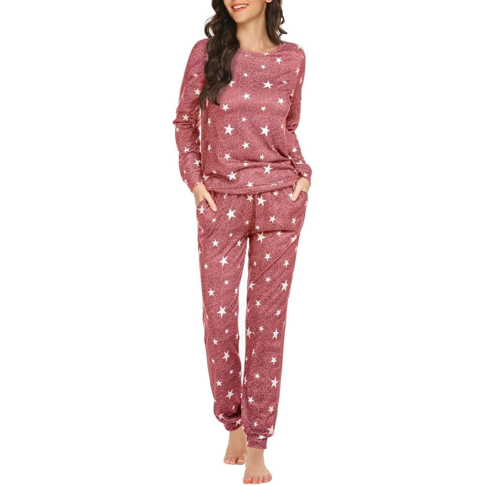 imageEkouaer Womens Jogger Pajama Sets Long Sleeve Sleepwear Round Neck Nightwear Soft Pjs Lounge Sets with PocketsWine Red White Star