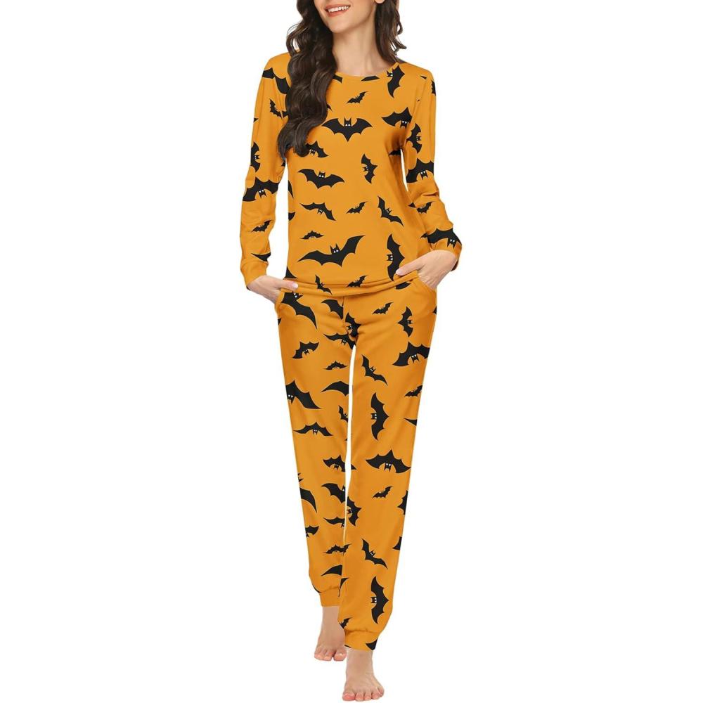 imageEkouaer Womens Jogger Pajama Sets Long Sleeve Sleepwear Round Neck Nightwear Soft Pjs Lounge Sets with PocketsYellow Halloween