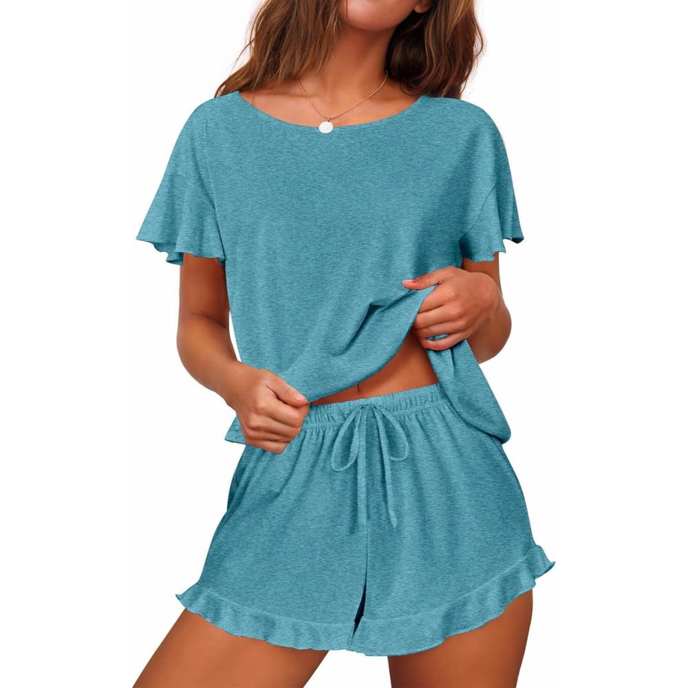 imageEkouaer Womens Pajama Set Ruffle Sleeves Top and Short Soft 2 Piece Loungewear SetBlue Green