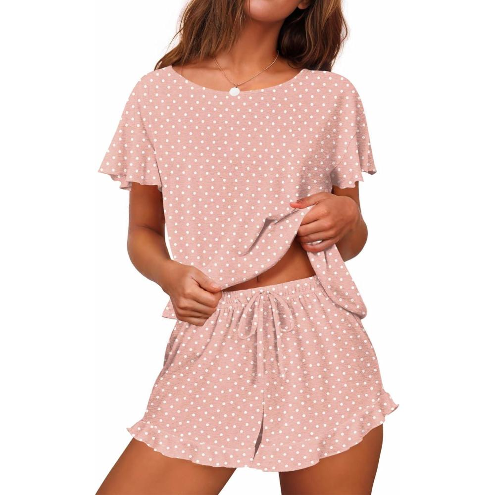 imageEkouaer Womens Pajama Set Ruffle Sleeves Top and Short Soft 2 Piece Loungewear SetPink Polka Dots