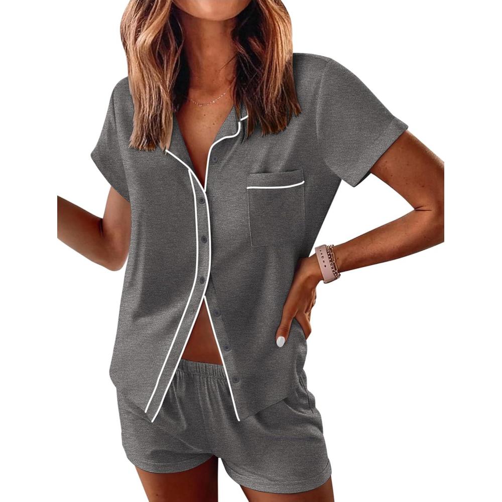 imageEkouaer Womens Pajama Sets Button Down Lounge Set 2 Piece Loungewear Soft Sleepwear Short Sleeve Pjs with PocketsDark Gray