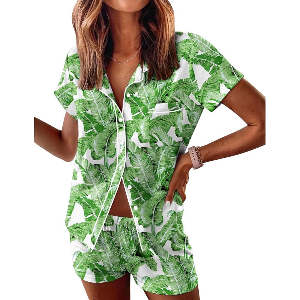 imageEkouaer Womens Pajama Sets Button Down Lounge Set 2 Piece Loungewear Soft Sleepwear Short Sleeve Pjs with PocketsGreen Hawaiian Leaves