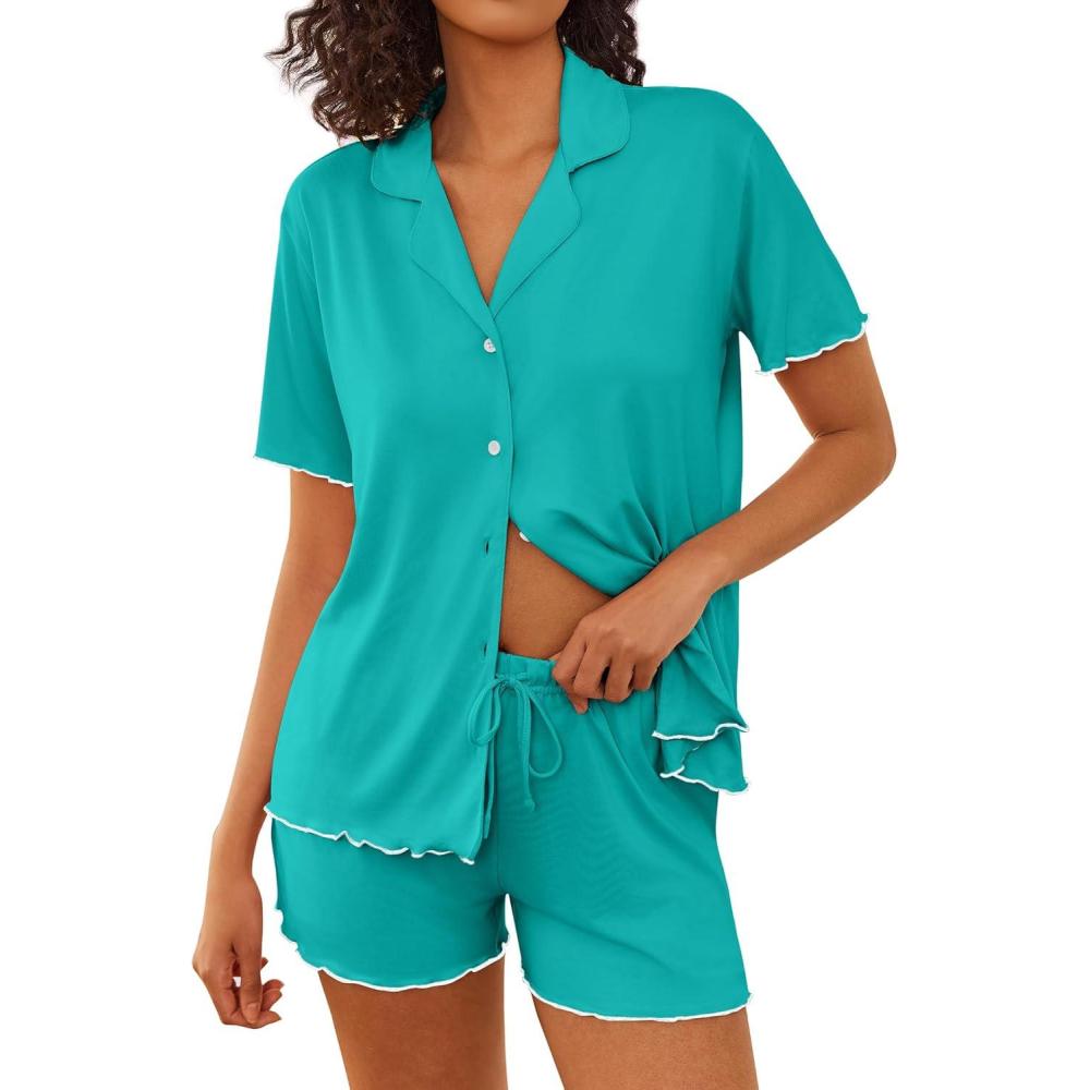 imageEkouaer Womens Pajama Sets Button Up Bride Pjs Set 2 Piece Soft Sleepwear Short Sleeve Lounge Sets with Shorts SXXLPeacock Blue