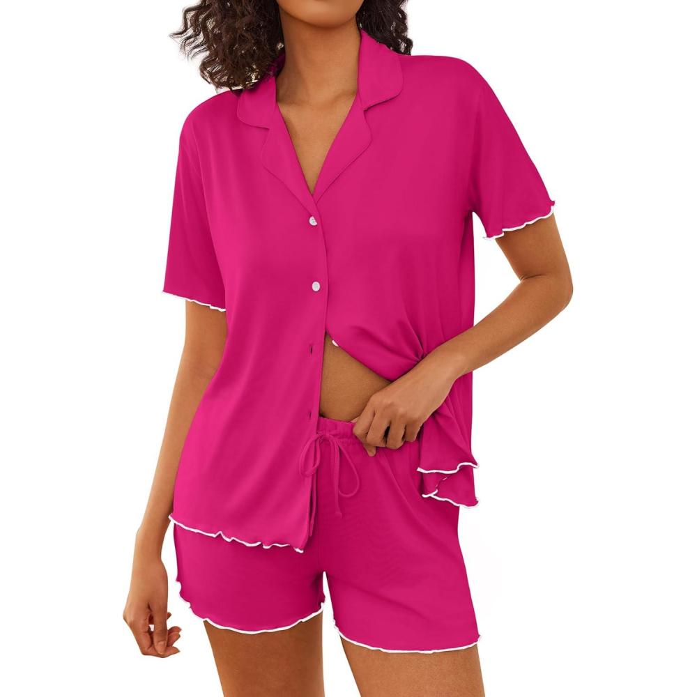 imageEkouaer Womens Pajama Sets Button Up Bride Pjs Set 2 Piece Soft Sleepwear Short Sleeve Lounge Sets with Shorts SXXLRose Red