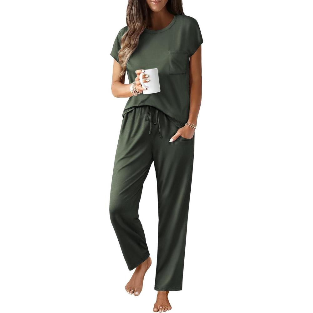 imageEkouaer Womens Pajama Sets Cap Sleeve Sleepwear Tops and Long Pants Comfy Pjs 2 Piece Lounge Set with Pockets SXXLArmy Green1