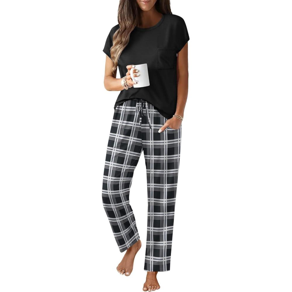 imageEkouaer Womens Pajama Sets Cap Sleeve Sleepwear Tops and Long Pants Comfy Pjs 2 Piece Lounge Set with Pockets SXXLBlack Plaid