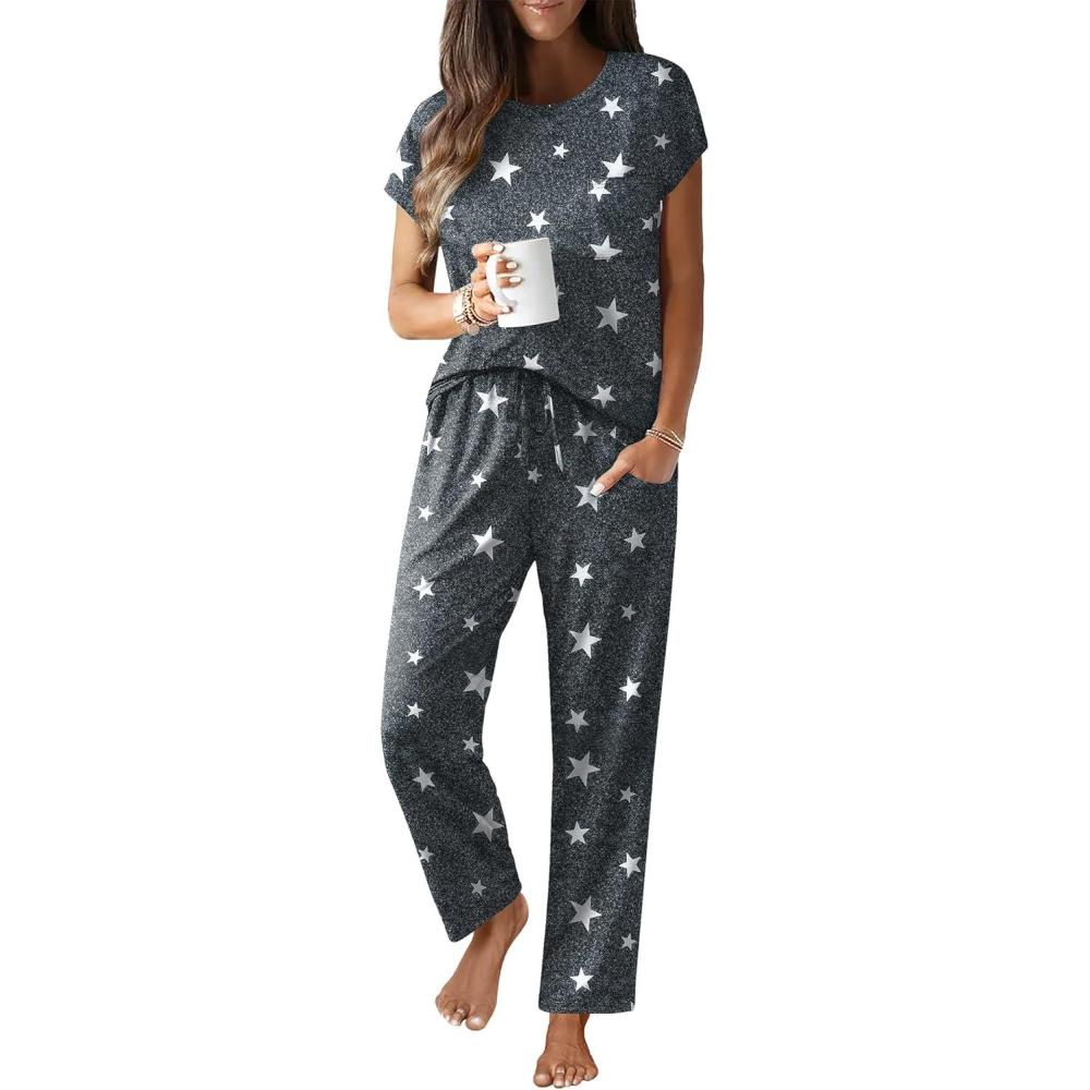 imageEkouaer Womens Pajama Sets Cap Sleeve Sleepwear Tops and Long Pants Comfy Pjs 2 Piece Lounge Set with Pockets SXXLDark Grey Stars