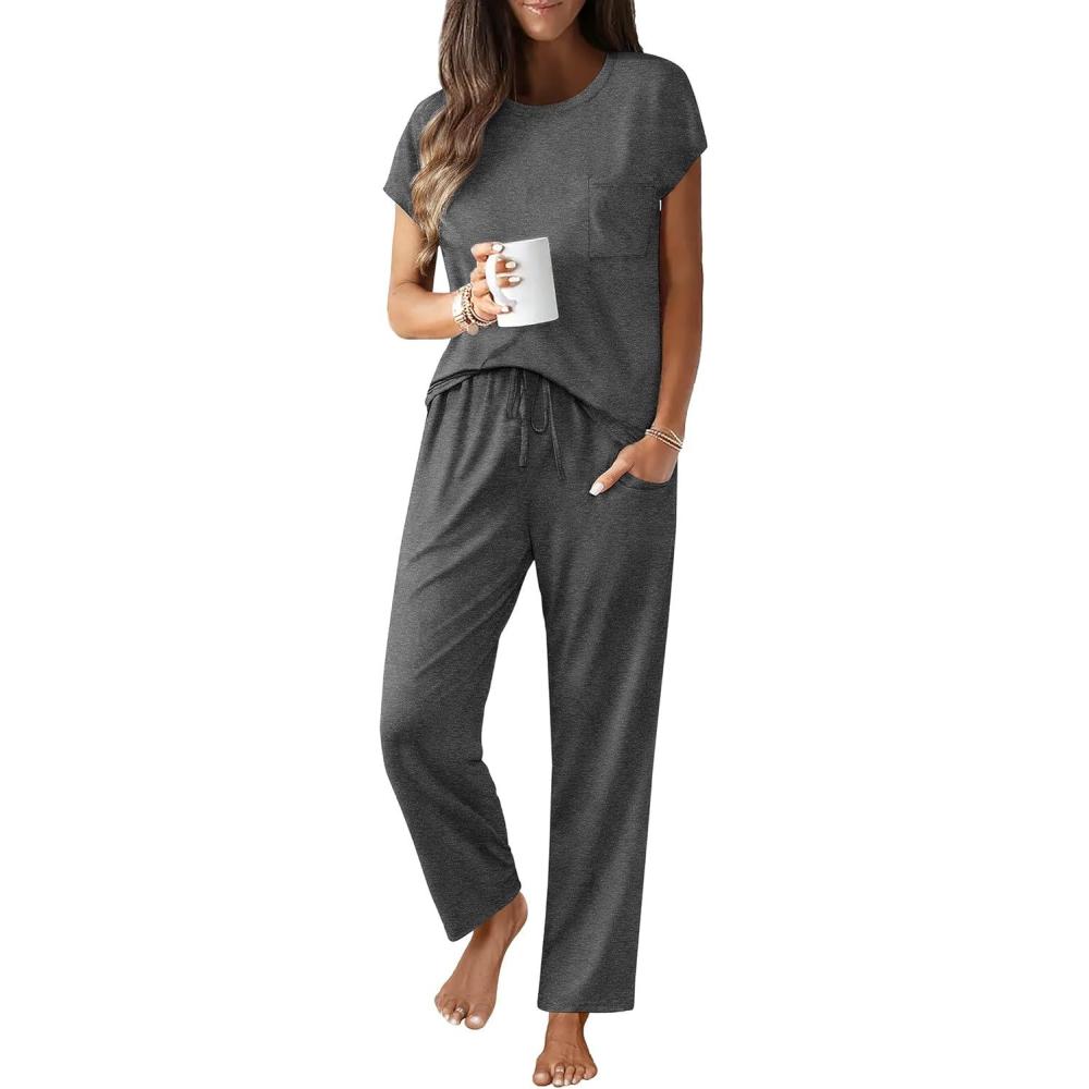 imageEkouaer Womens Pajama Sets Cap Sleeve Sleepwear Tops and Long Pants Comfy Pjs 2 Piece Lounge Set with Pockets SXXLDeep Grey