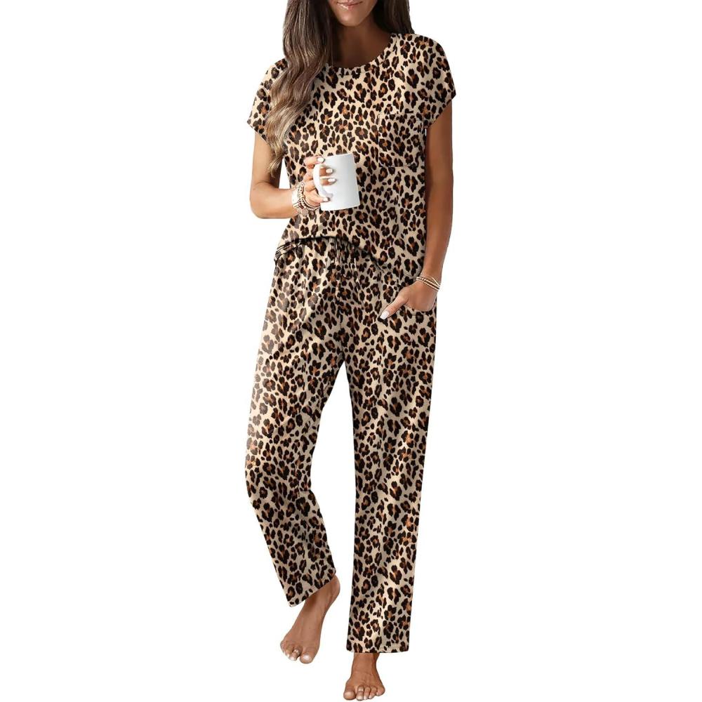 imageEkouaer Womens Pajama Sets Cap Sleeve Sleepwear Tops and Long Pants Comfy Pjs 2 Piece Lounge Set with Pockets SXXLLeopard