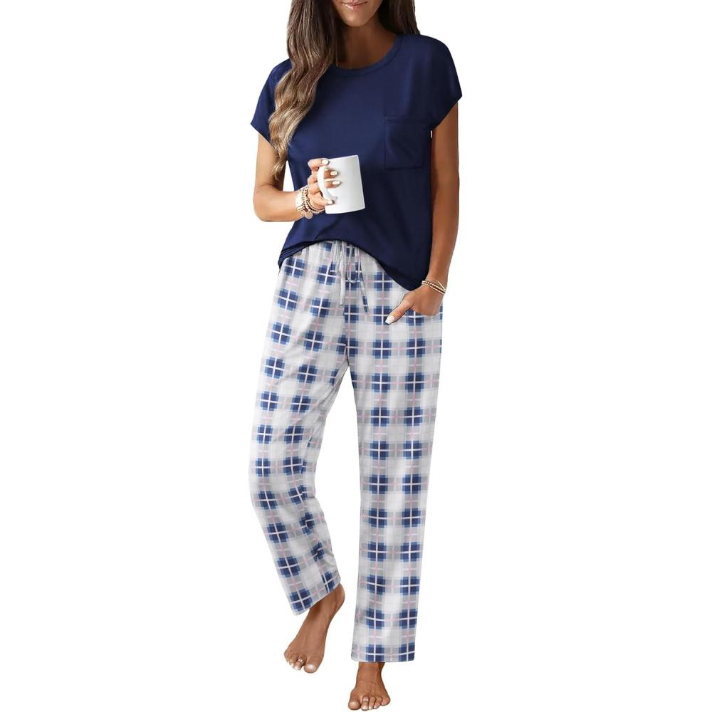 imageEkouaer Womens Pajama Sets Cap Sleeve Sleepwear Tops and Long Pants Comfy Pjs 2 Piece Lounge Set with Pockets SXXLNavy Blue Plaid