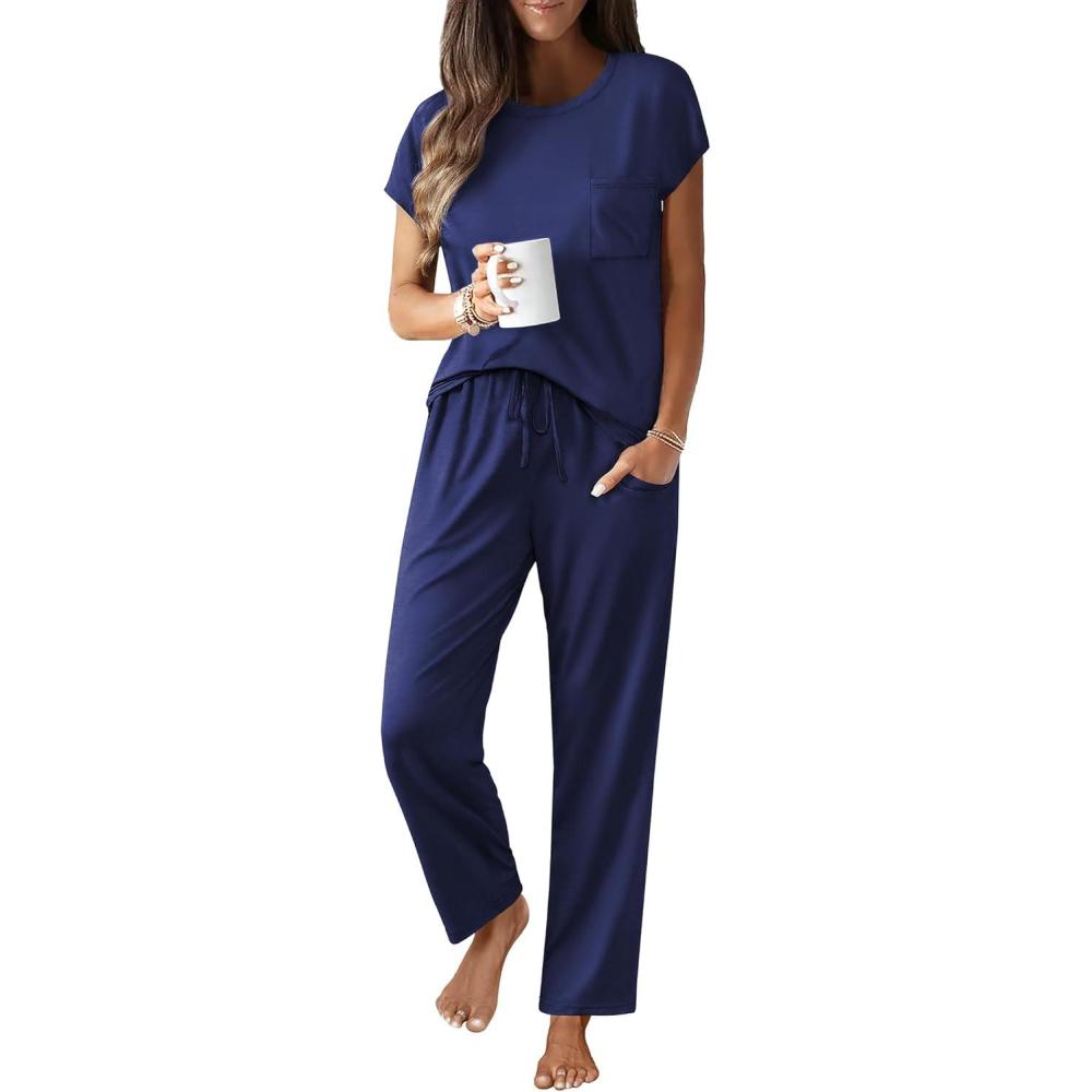 imageEkouaer Womens Pajama Sets Cap Sleeve Sleepwear Tops and Long Pants Comfy Pjs 2 Piece Lounge Set with Pockets SXXLNavy Blue1