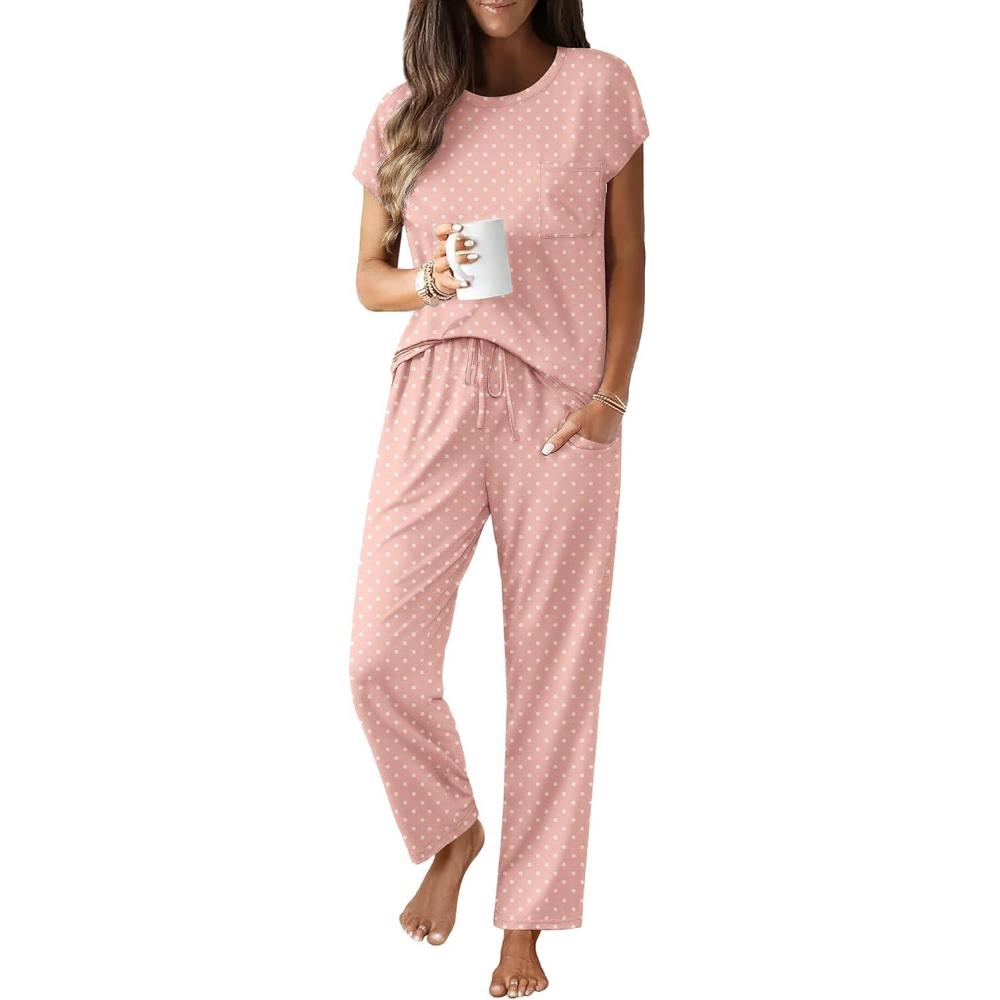 imageEkouaer Womens Pajama Sets Cap Sleeve Sleepwear Tops and Long Pants Comfy Pjs 2 Piece Lounge Set with Pockets SXXLPink Dots