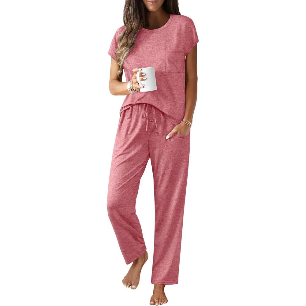 imageEkouaer Womens Pajama Sets Cap Sleeve Sleepwear Tops and Long Pants Comfy Pjs 2 Piece Lounge Set with Pockets SXXLPurple Red