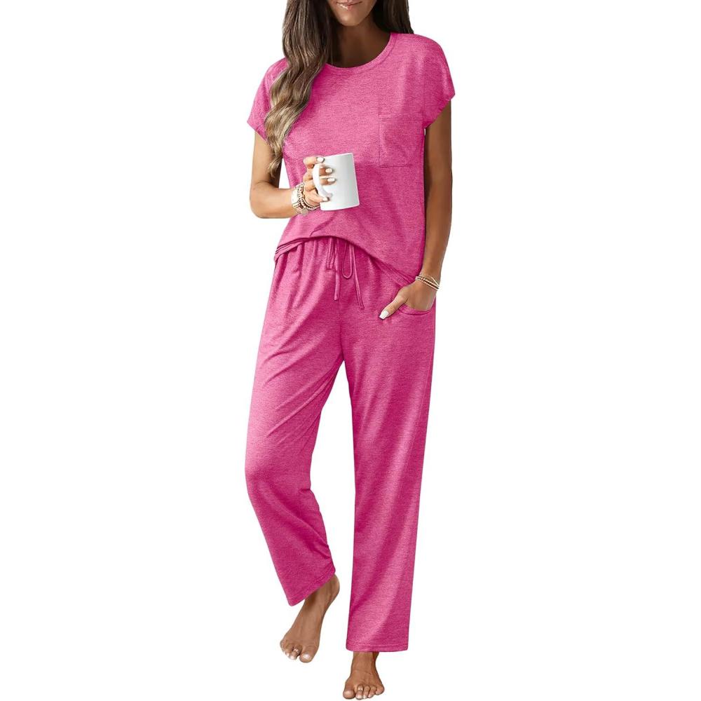 imageEkouaer Womens Pajama Sets Cap Sleeve Sleepwear Tops and Long Pants Comfy Pjs 2 Piece Lounge Set with Pockets SXXLRose Red