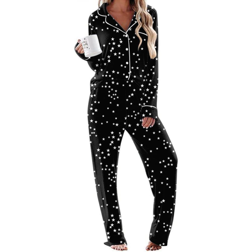 imageEkouaer Womens Pajama Sets Long Sleeve Sleepwear Comfy Button Down Nightwear Long Pants Pjs Lounge Set with Pockets SXXLBlack Stars