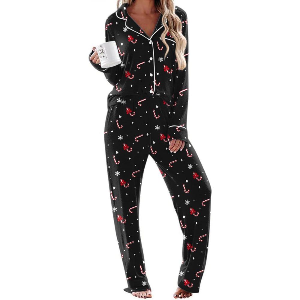 imageEkouaer Womens Pajama Sets Long Sleeve Sleepwear Comfy Button Down Nightwear Long Pants Pjs Lounge Set with Pockets SXXLChristmas Black