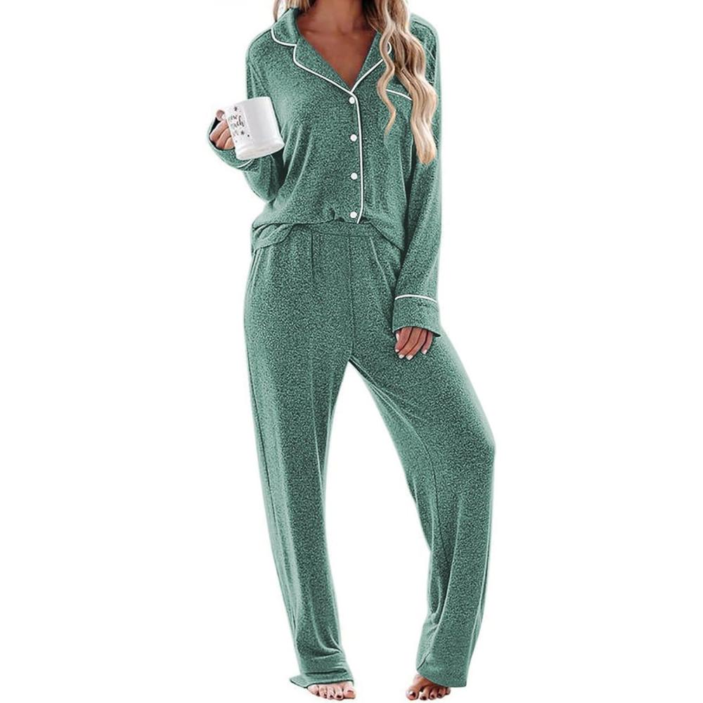 imageEkouaer Womens Pajama Sets Long Sleeve Sleepwear Comfy Button Down Nightwear Long Pants Pjs Lounge Set with Pockets SXXLGreen