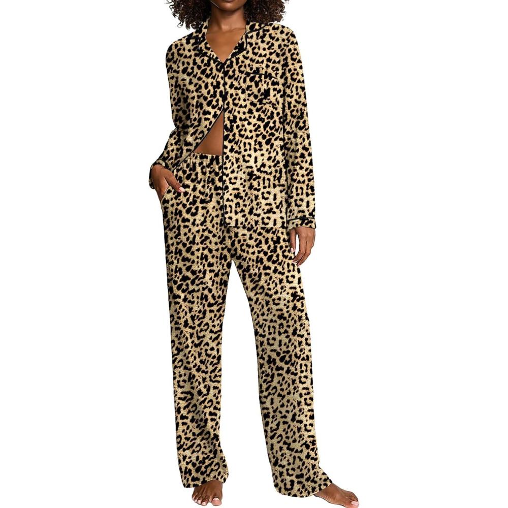 imageEkouaer Womens Pajama Sets Long Sleeve Sleepwear Comfy Button Down Nightwear Long Pants Pjs Lounge Set with Pockets SXXLLeopard Apricot Black