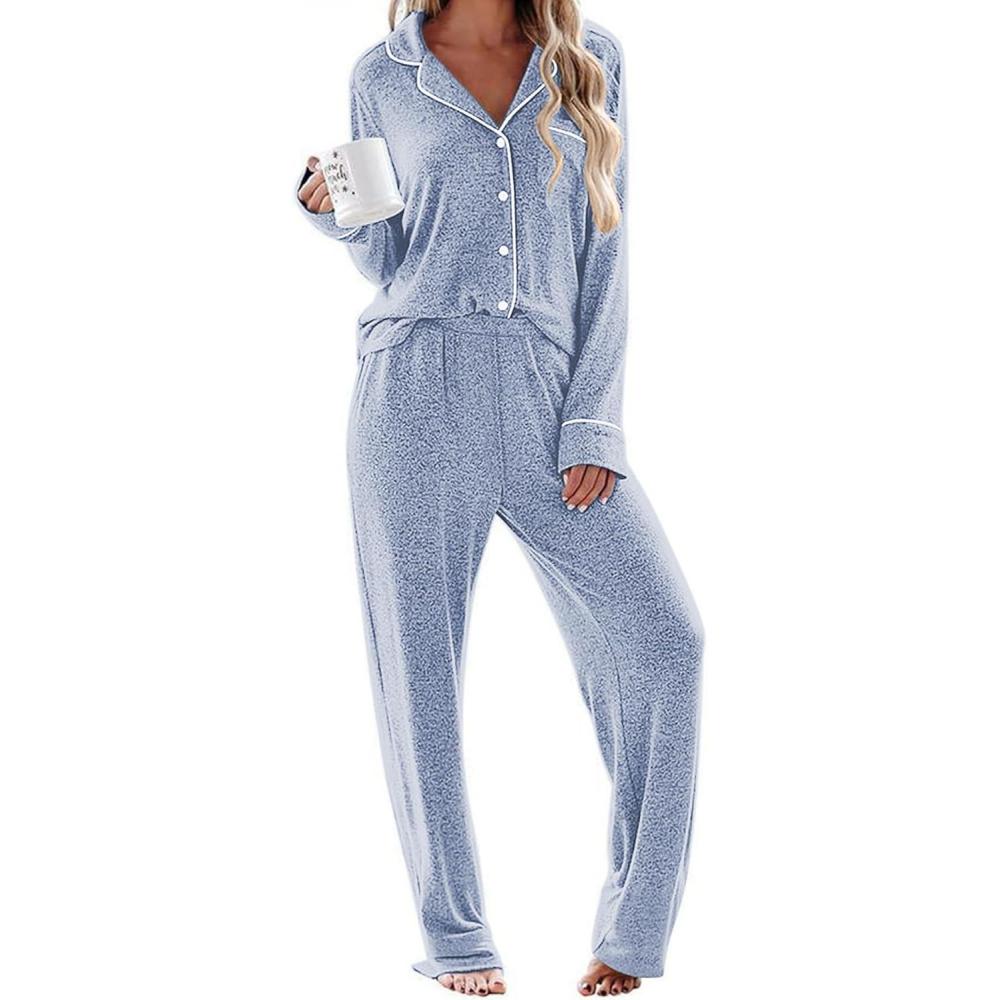 imageEkouaer Womens Pajama Sets Long Sleeve Sleepwear Comfy Button Down Nightwear Long Pants Pjs Lounge Set with Pockets SXXLLight Blue