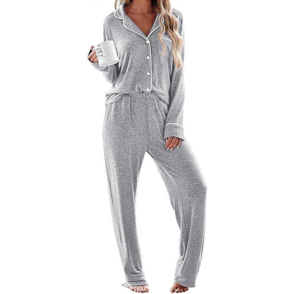 imageEkouaer Womens Pajama Sets Long Sleeve Sleepwear Comfy Button Down Nightwear Long Pants Pjs Lounge Set with Pockets SXXLLight Grey