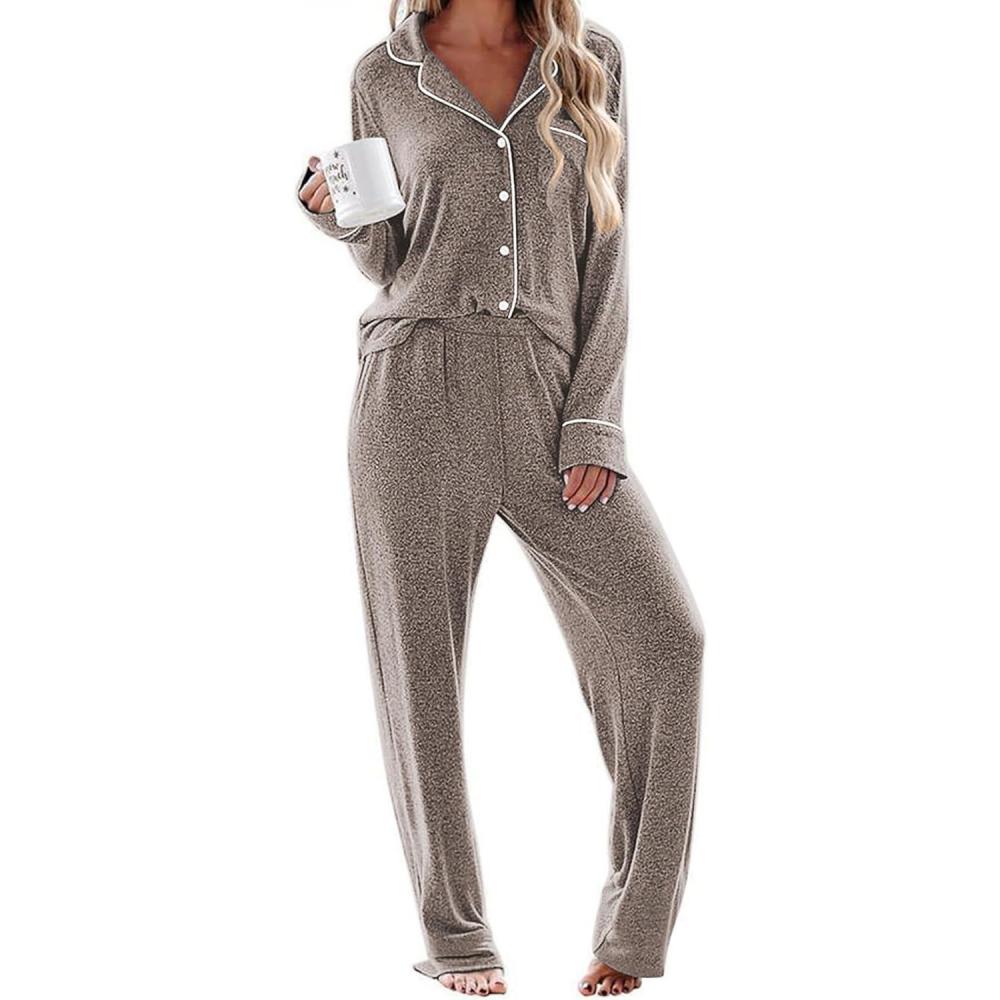 imageEkouaer Womens Pajama Sets Long Sleeve Sleepwear Comfy Button Down Nightwear Long Pants Pjs Lounge Set with Pockets SXXLLight Khaki