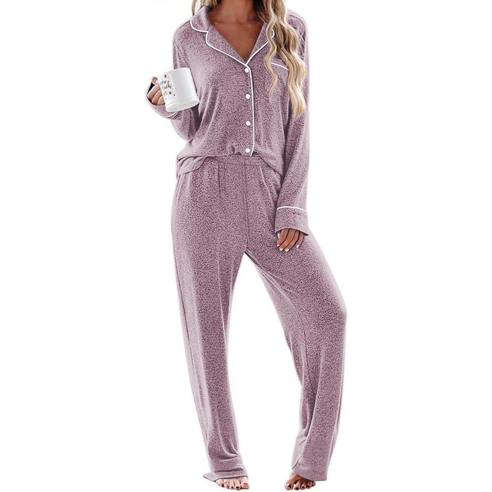 imageEkouaer Womens Pajama Sets Long Sleeve Sleepwear Comfy Button Down Nightwear Long Pants Pjs Lounge Set with Pockets SXXLLight Purple