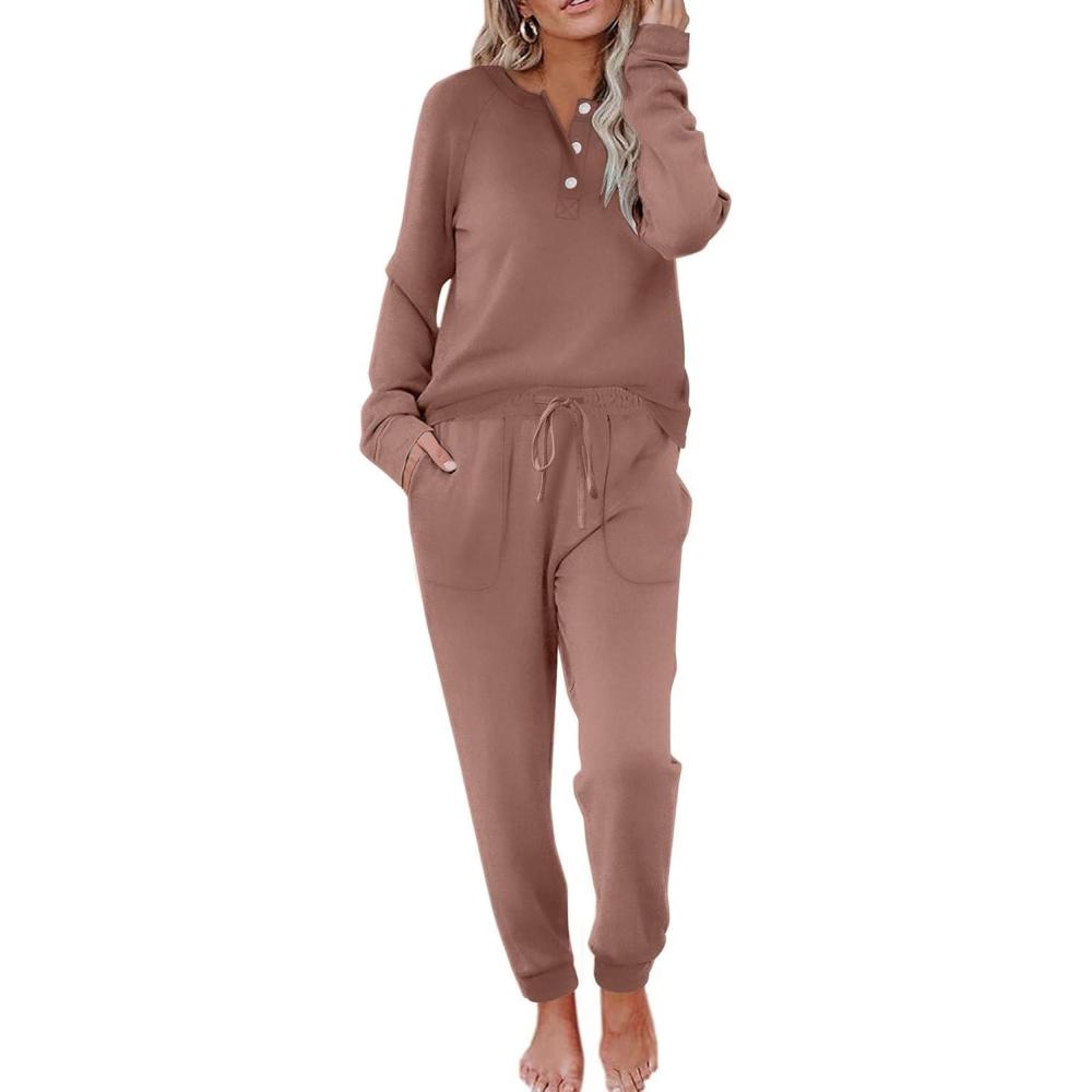 imageEkouaer Womens Pajamas Long Sleeve Jogger Sets Comfy Pjs Soft Loungewear 2 Piece Lounge Sets with Pockets SXXLBrown