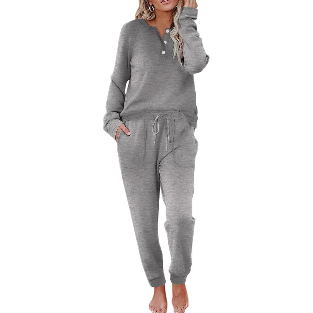 imageEkouaer Womens Pajamas Long Sleeve Jogger Sets Comfy Pjs Soft Loungewear 2 Piece Lounge Sets with Pockets SXXLDark Grey