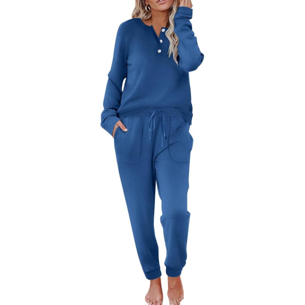 imageEkouaer Womens Pajamas Long Sleeve Jogger Sets Comfy Pjs Soft Loungewear 2 Piece Lounge Sets with Pockets SXXLNavy