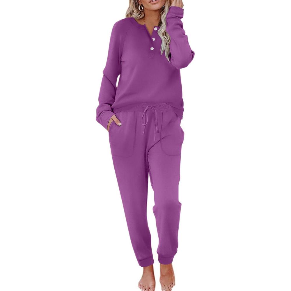 imageEkouaer Womens Pajamas Long Sleeve Jogger Sets Comfy Pjs Soft Loungewear 2 Piece Lounge Sets with Pockets SXXLPurple