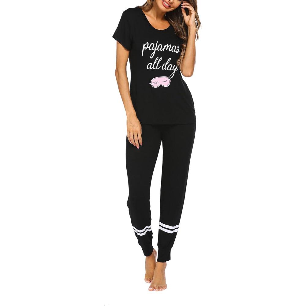 imageEkouaer Womens Pajamas Set 2 Piece Lounge Pj Set Short Sleeve Sleepwear Tops with Joggers Pants Loungewear Print NightwearBlack