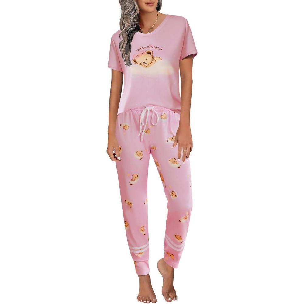 imageEkouaer Womens Pajamas Set 2 Piece Lounge Pj Set Short Sleeve Sleepwear Tops with Joggers Pants Loungewear Print NightwearBlue Teddy