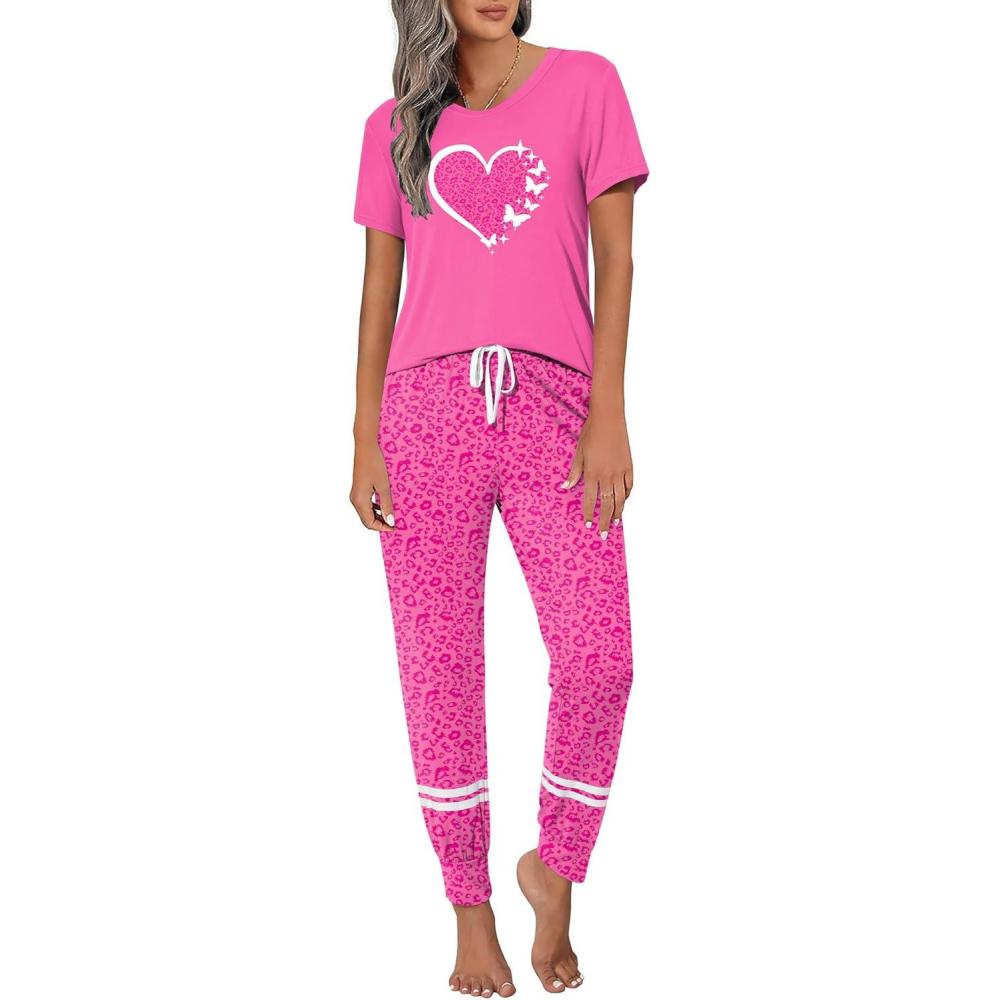 imageEkouaer Womens Pajamas Set 2 Piece Lounge Pj Set Short Sleeve Sleepwear Tops with Joggers Pants Loungewear Print NightwearHot Leopard Print