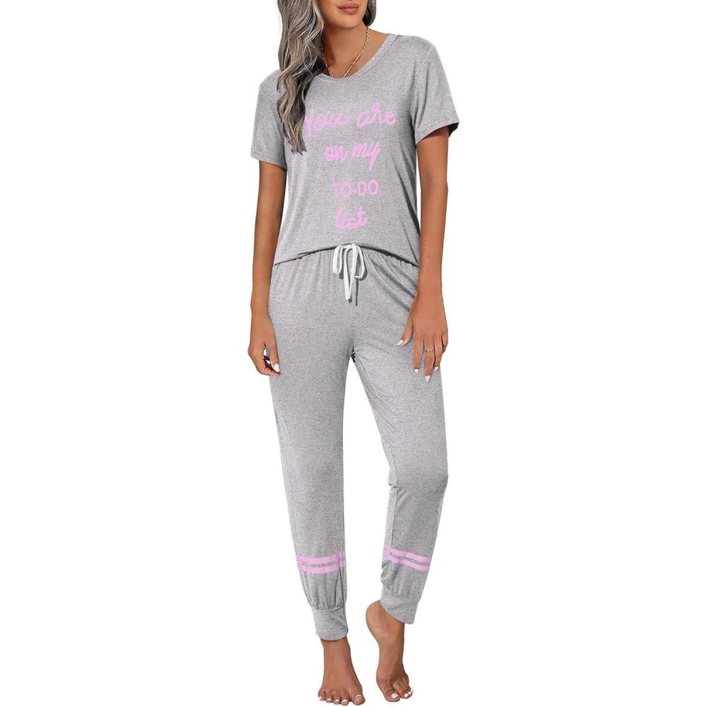 imageEkouaer Womens Pajamas Set 2 Piece Lounge Pj Set Short Sleeve Sleepwear Tops with Joggers Pants Loungewear Print NightwearLight Grey2