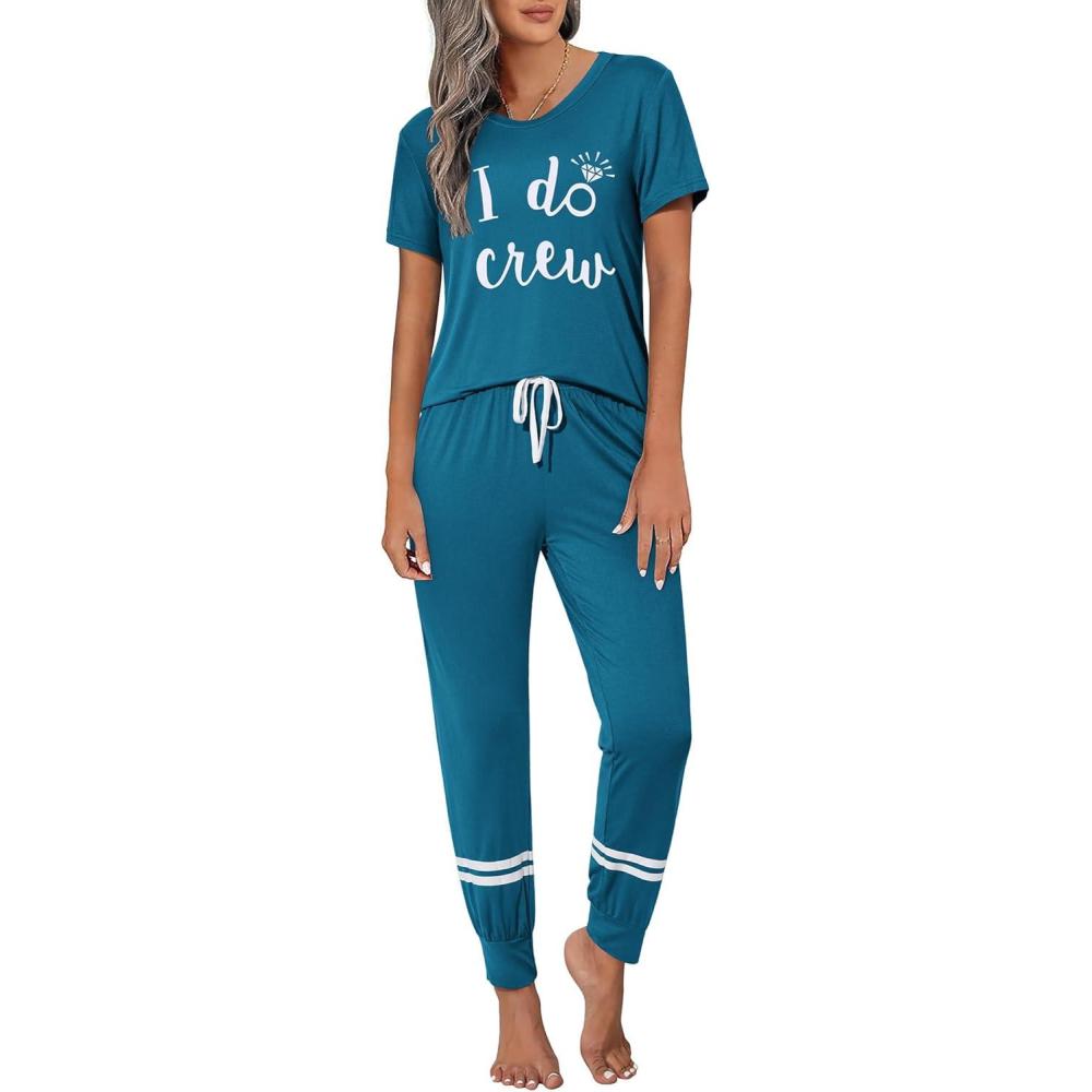 imageEkouaer Womens Pajamas Set 2 Piece Lounge Pj Set Short Sleeve Sleepwear Tops with Joggers Pants Loungewear Print NightwearPattern3